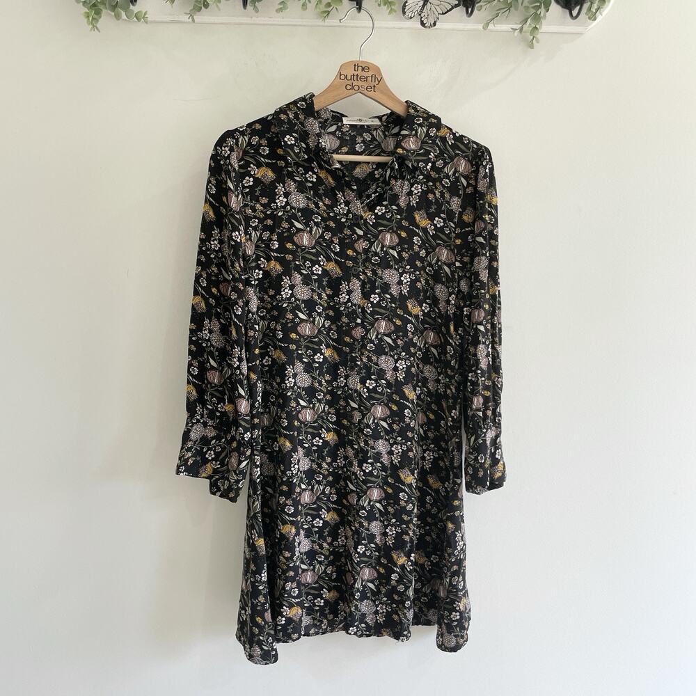 Natural Life Black Floral Long Sleeve Collared Flowy Dress Size M 6-506